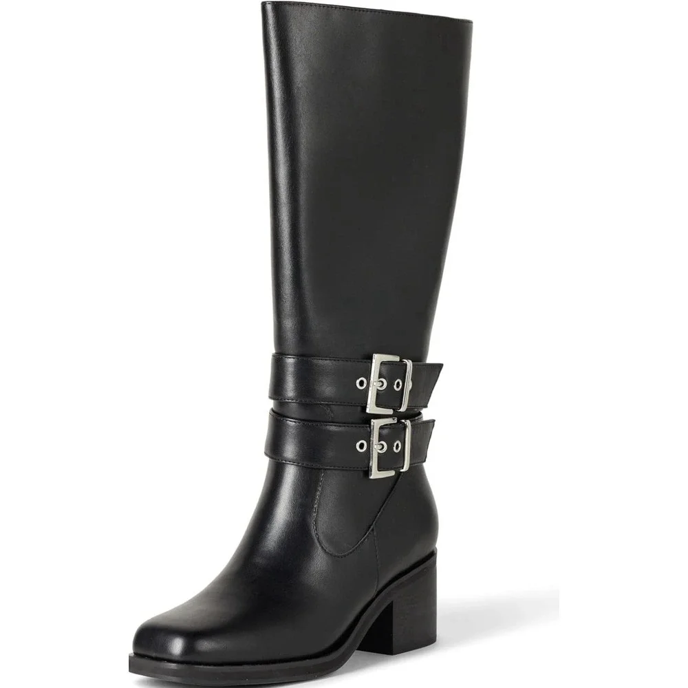 The Drop‎ Women's Biker Boot with Buckles 6.5 Black Faux Leather Side Zip